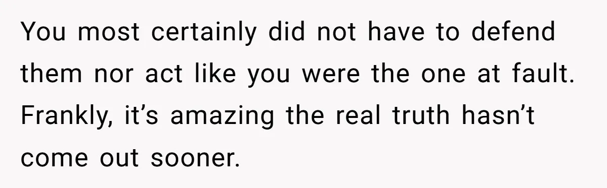 You most certainly did not have to defend them nor act like you were the one at fault. Frankly, it’s amazing the real truth hasn’t come out sooner.