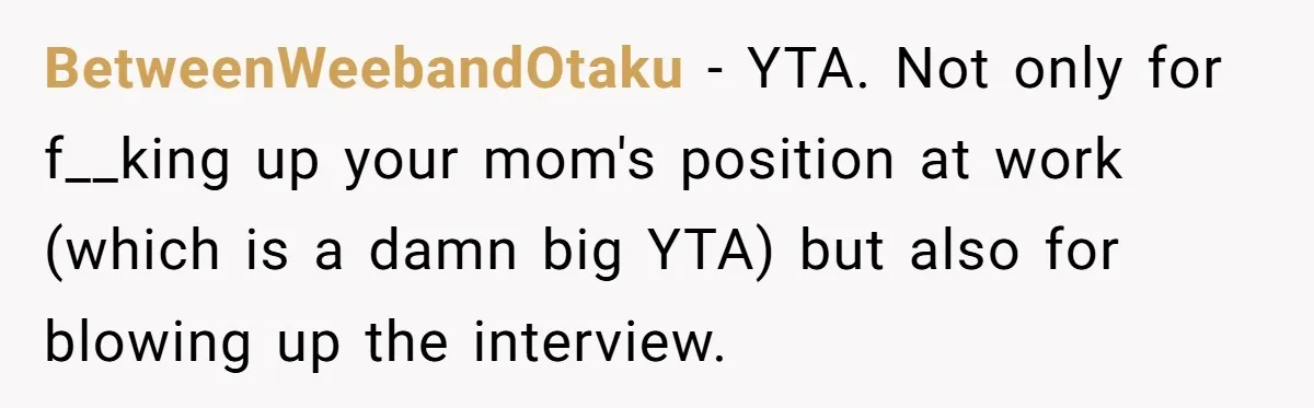 BetweenWeebandOtaku − YTA. Not only for f__king up your mom's position at work (which is a damn big YTA) but also for blowing up the interview.