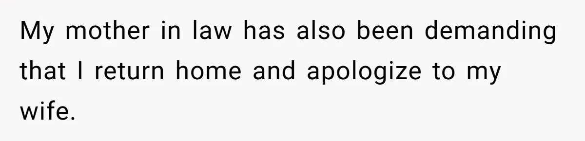 My mother in law has also been demanding that I return home and apologize to my wife.