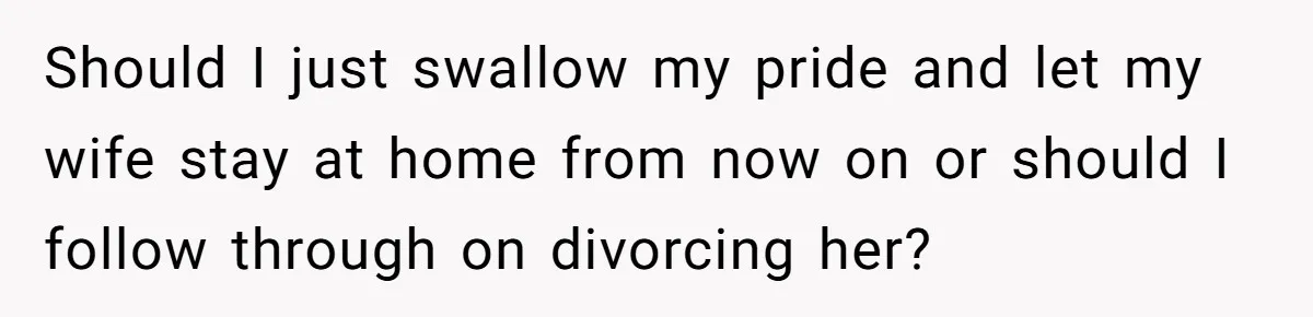 Should I just swallow my pride and let my wife stay at home from now on or should I follow through on divorcing her?