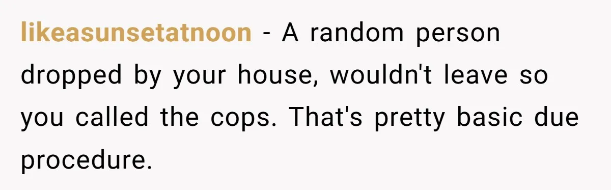 likeasunsetatnoon − A random person dropped by your house, wouldn't leave so you called the cops. That's pretty basic due procedure.