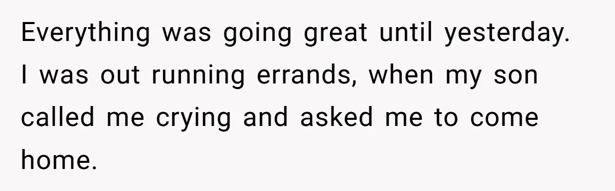 Everything was going great until yesterday. I was out running errands, when my son called me crying and asked me to come home.