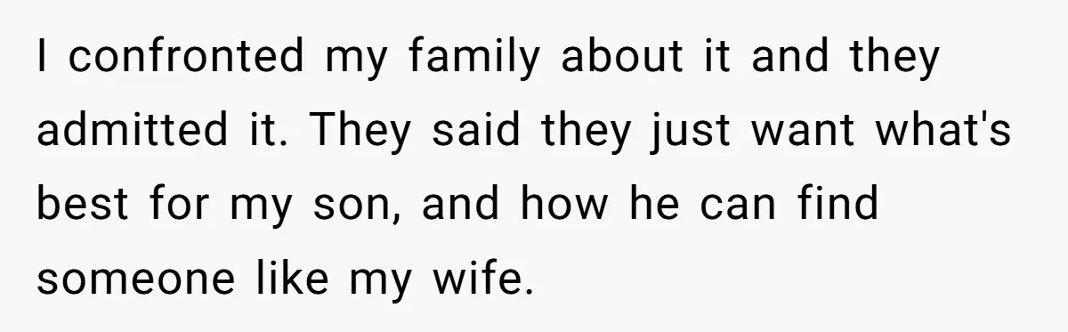 I confronted my family about it and they admitted it. They said they just want what's best for my son, and how he can find someone like my wife.
