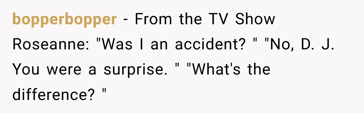 bopperbopper − From the TV Show Roseanne: "Was I an accident? " "No, D. J. You were a surprise. " "What's the difference? "