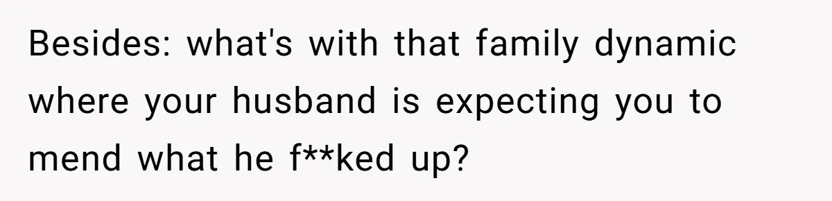 Besides: what's with that family dynamic where your husband is expecting you to mend what he f**ked up?