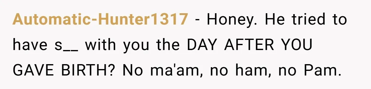 Automatic-Hunter1317 − Honey. He tried to have s__ with you the DAY AFTER YOU GAVE BIRTH? No ma'am, no ham, no Pam.