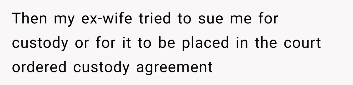 Then my ex-wife tried to sue me for custody or for it to be placed in the court ordered custody agreement
