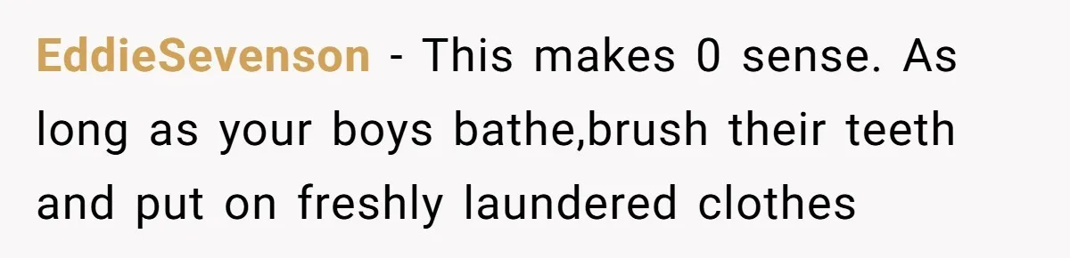 EddieSevenson − This makes 0 sense. As long as your boys bathe,brush their teeth and put on freshly laundered clothes