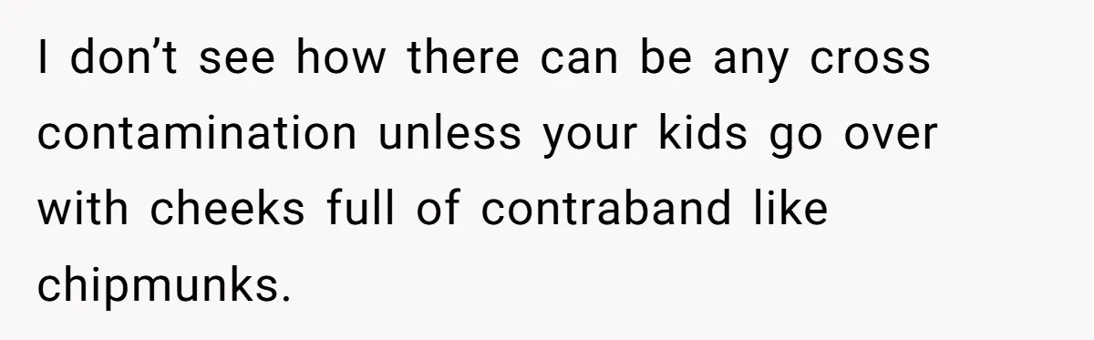 I don’t see how there can be any cross contamination unless your kids go over with cheeks full of contraband like chipmunks.