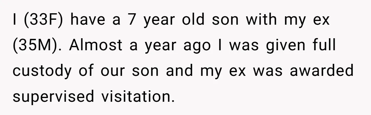 I (33F) have a 7 year old son with my ex (35M). Almost a year ago I was given full custody of our son and my ex was awarded supervised...
