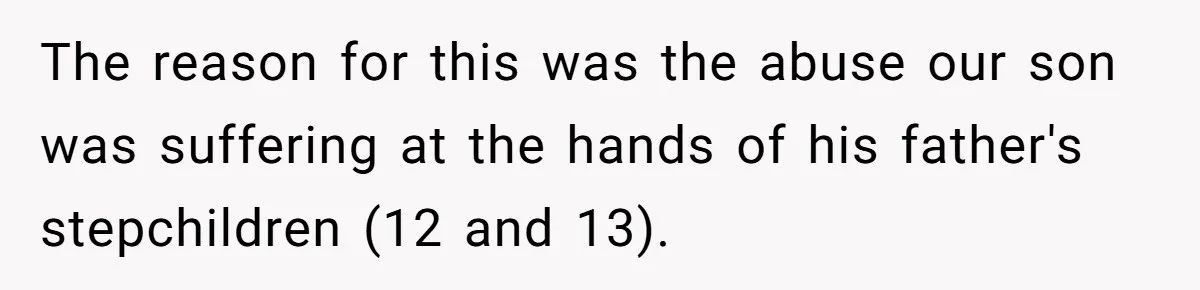 The reason for this was the abuse our son was suffering at the hands of his father's stepchildren (12 and 13).