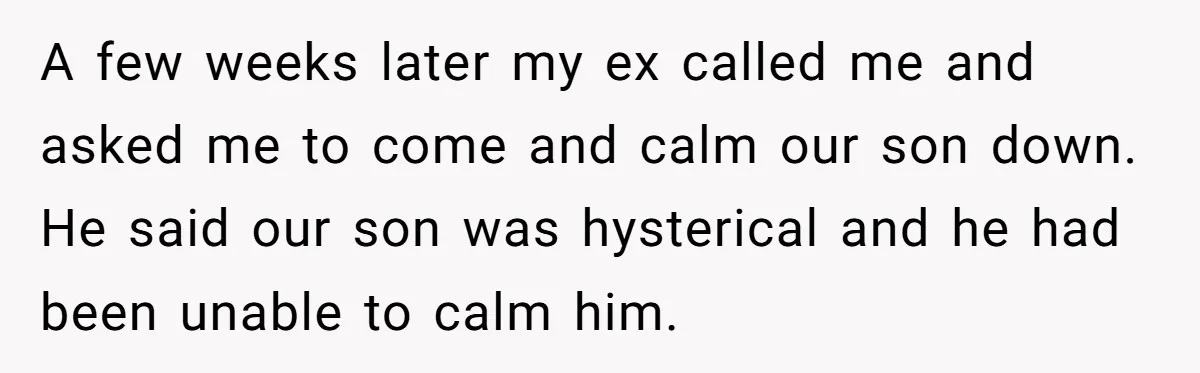 A few weeks later my ex called me and asked me to come and calm our son down. He said our son was hysterical and he had been unable to...