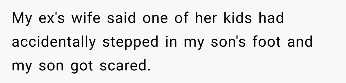 My ex's wife said one of her kids had accidentally stepped in my son's foot and my son got scared.