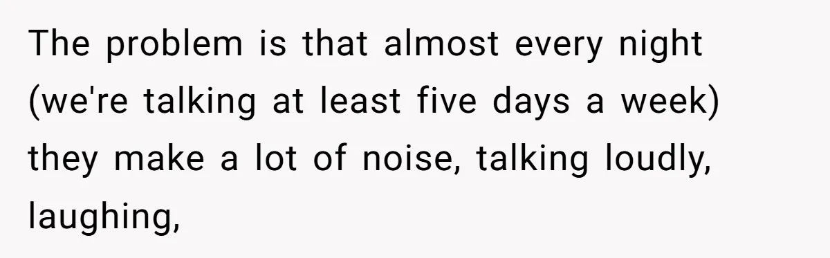 The problem is that almost every night (we're talking at least five days a week) they make a lot of noise, talking loudly, laughing,
