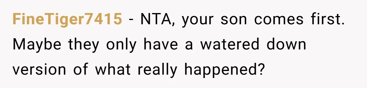 FineTiger7415 − NTA, your son comes first. Maybe they only have a watered down version of what really happened?