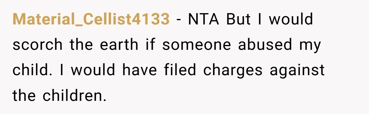 Material_Cellist4133 − NTA But I would scorch the earth if someone abused my child. I would have filed charges against the children.