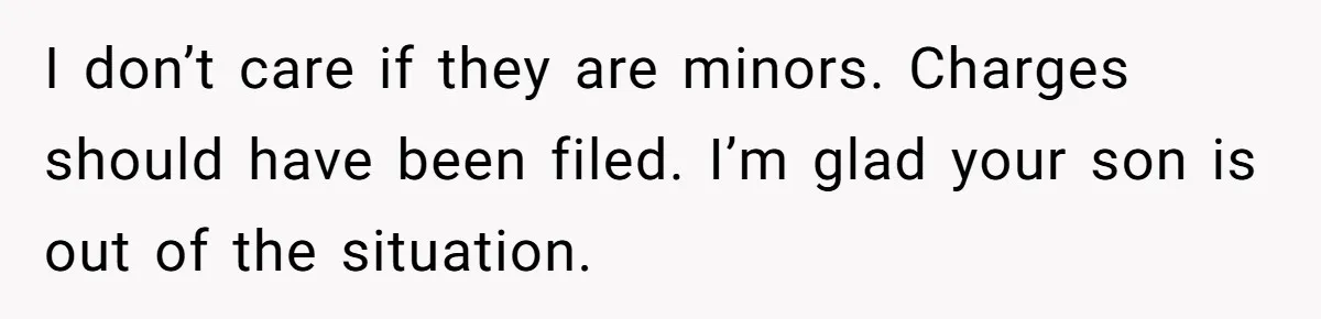 I don’t care if they are minors. Charges should have been filed. I’m glad your son is out of the situation.