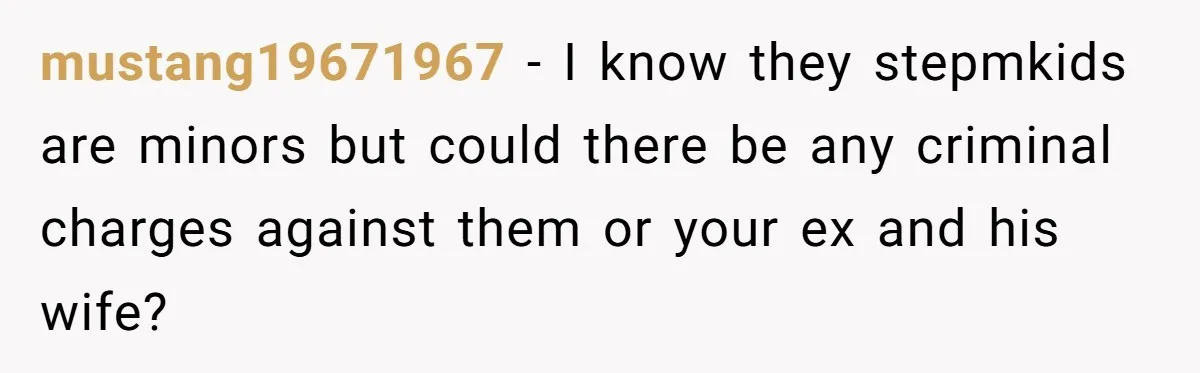 mustang19671967 − I know they stepmkids are minors but could there be any criminal charges against them or your ex and his wife?