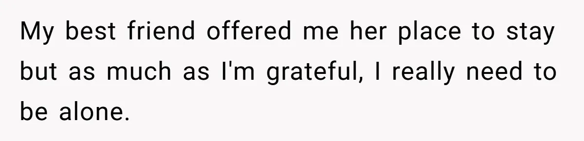 My best friend offered me her place to stay but as much as I'm grateful, I really need to be alone.
