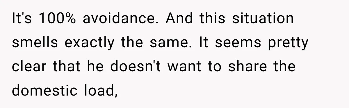 It's 100% avoidance. And this situation smells exactly the same. It seems pretty clear that he doesn't want to share the domestic load,