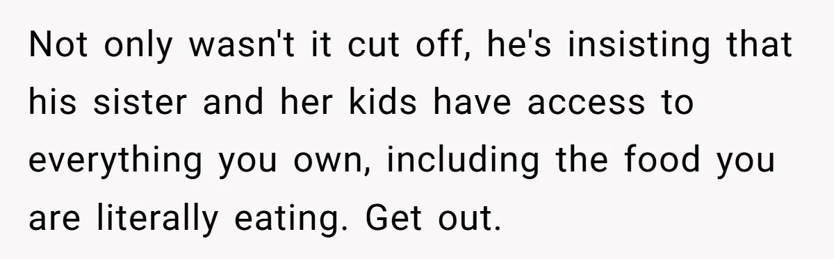 Not only wasn't it cut off, he's insisting that his sister and her kids have access to everything you own, including the food you are literally eating. Get out.