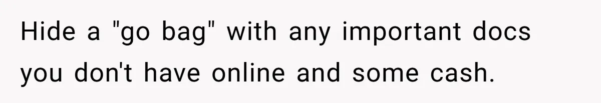 Hide a "go bag" with any important docs you don't have online and some cash.