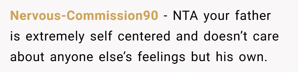 Nervous-Commission90 − NTA your father is extremely self centered and doesn’t care about anyone else’s feelings but his own.