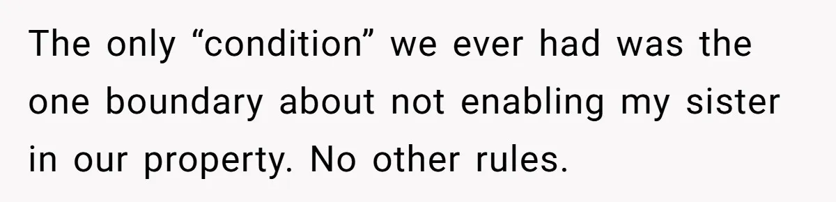 The only “condition” we ever had was the one boundary about not enabling my sister in our property. No other rules.