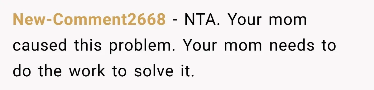 New-Comment2668 − NTA. Your mom caused this problem. Your mom needs to do the work to solve it.