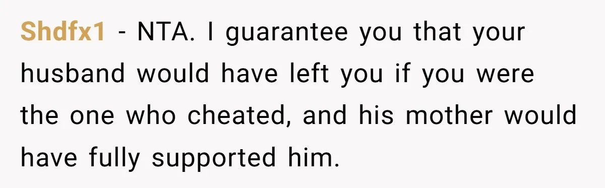Shdfx1 − NTA. I guarantee you that your husband would have left you if you were the one who cheated, and his mother would have fully supported him.