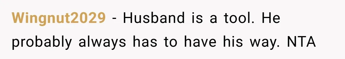 Wingnut2029 − Husband is a tool. He probably always has to have his way. NTA