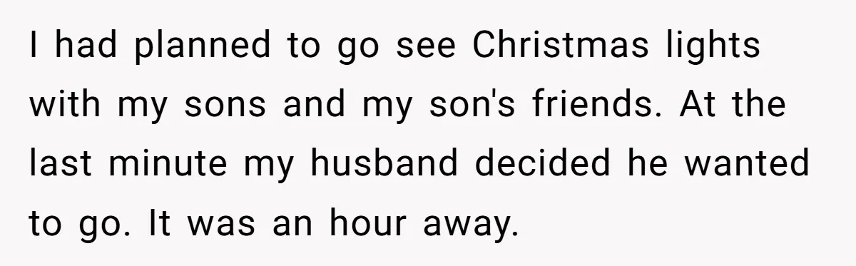 I had planned to go see Christmas lights with my sons and my son's friends. At the last minute my husband decided he wanted to go. It was an hour...