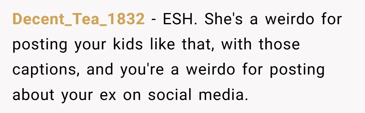 Decent_Tea_1832 − ESH. She's a weirdo for posting your kids like that, with those captions, and you're a weirdo for posting about your ex on social media.