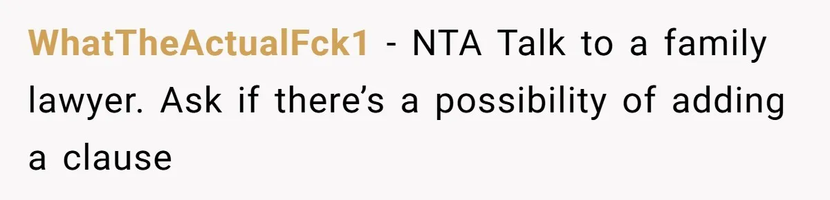 WhatTheActualFck1 − NTA Talk to a family lawyer. Ask if there’s a possibility of adding a clause
