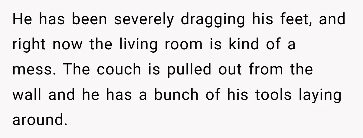 He has been severely dragging his feet, and right now the living room is kind of a mess. The couch is pulled out from the wall and he has a...