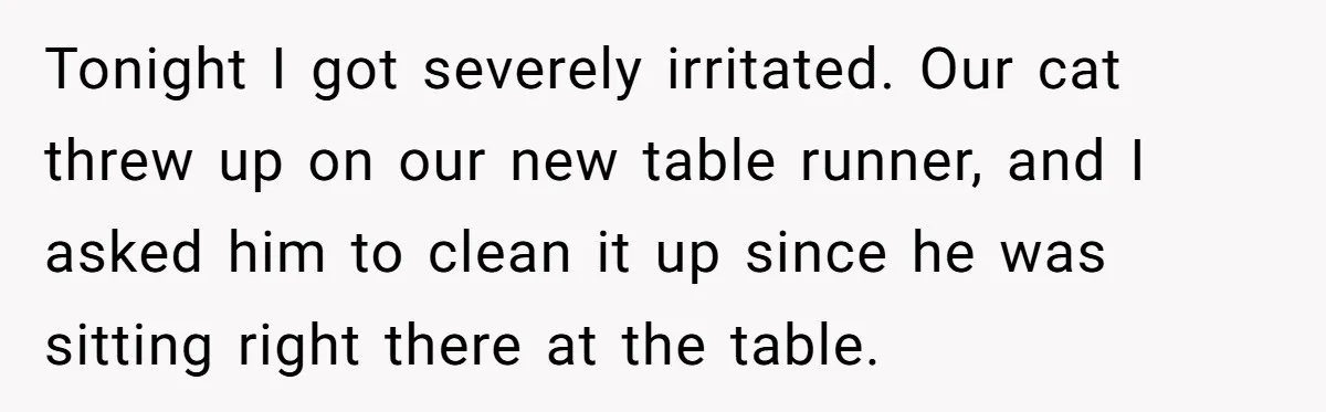Tonight I got severely irritated. Our cat threw up on our new table runner, and I asked him to clean it up since he was sitting right there at the...