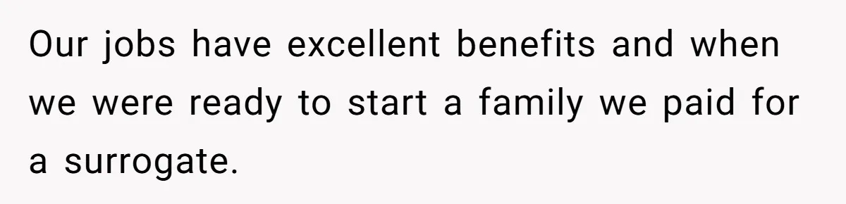 Our jobs have excellent benefits and when we were ready to start a family we paid for a surrogate.