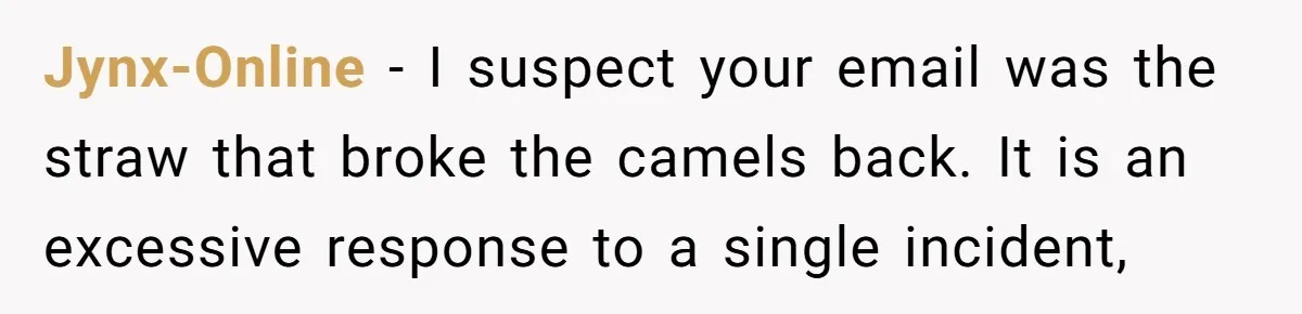 Jynx-Online − I suspect your email was the straw that broke the camels back. It is an excessive response to a single incident,