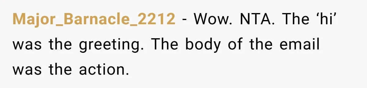 Major_Barnacle_2212 − Wow. NTA. The ‘hi’ was the greeting. The body of the email was the action.
