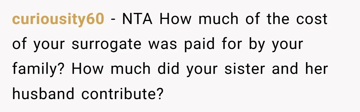 curiousity60 − NTA How much of the cost of your surrogate was paid for by your family? How much did your sister and her husband contribute?