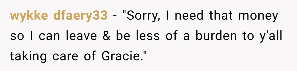 wykke dfaery33 − "Sorry, I need that money so I can leave & be less of a burden to y'all taking care of Gracie."