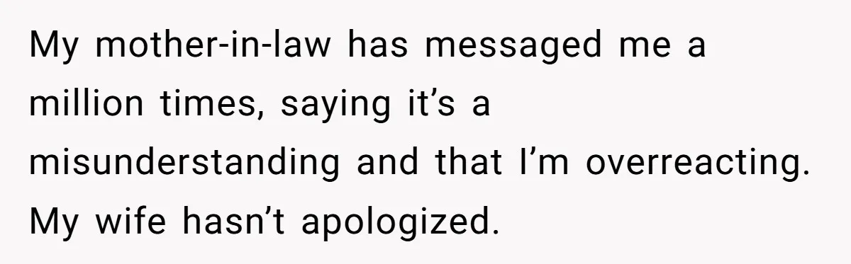 My mother-in-law has messaged me a million times, saying it’s a misunderstanding and that I’m overreacting. My wife hasn’t apologized.
