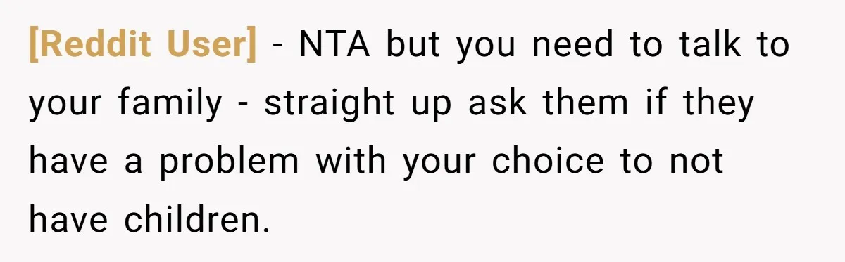 [Reddit User] − NTA but you need to talk to your family - straight up ask them if they have a problem with your choice to not have children.