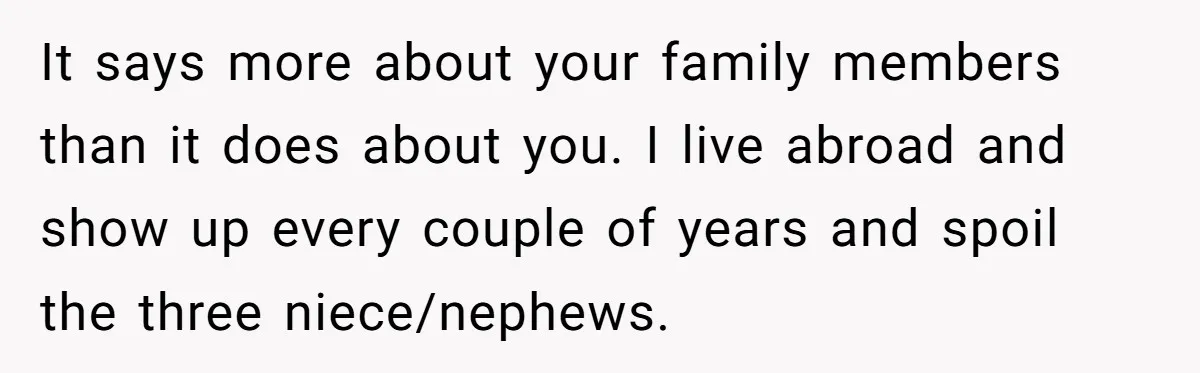 It says more about your family members than it does about you. I live abroad and show up every couple of years and spoil the three niece/nephews.