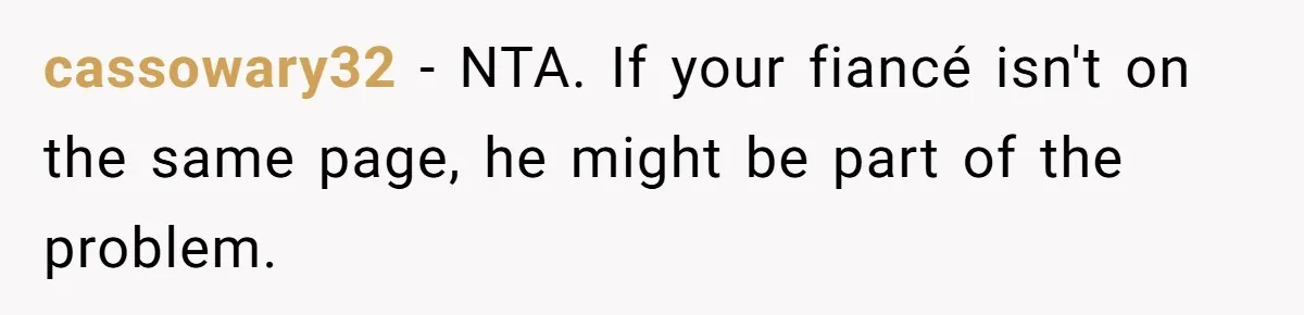 cassowary32 − NTA. If your fiancé isn't on the same page, he might be part of the problem.