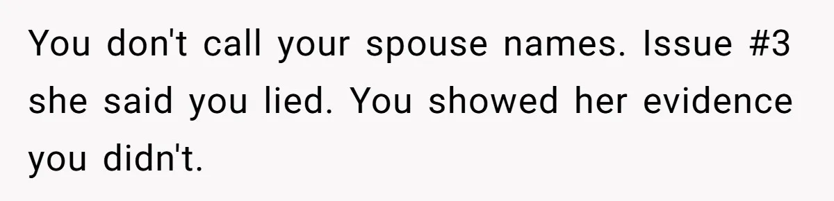 You don't call your spouse names. Issue #3 she said you lied. You showed her evidence you didn't.