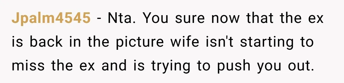 Jpalm4545 − Nta. You sure now that the ex is back in the picture wife isn't starting to miss the ex and is trying to push you out.