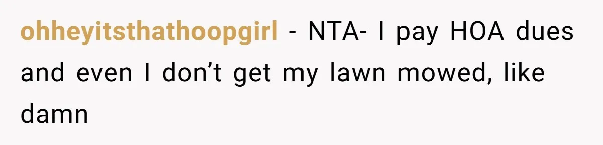 ohheyitsthathoopgirl − NTA- I pay HOA dues and even I don’t get my lawn mowed, like damn