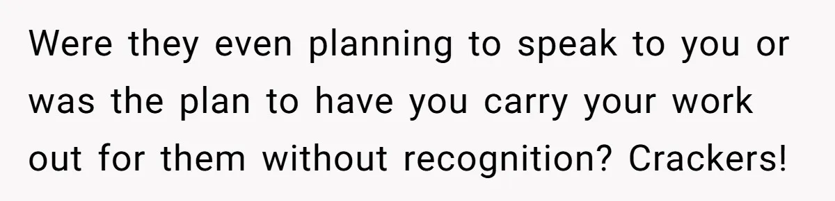 Were they even planning to speak to you or was the plan to have you carry your work out for them without recognition? Crackers!