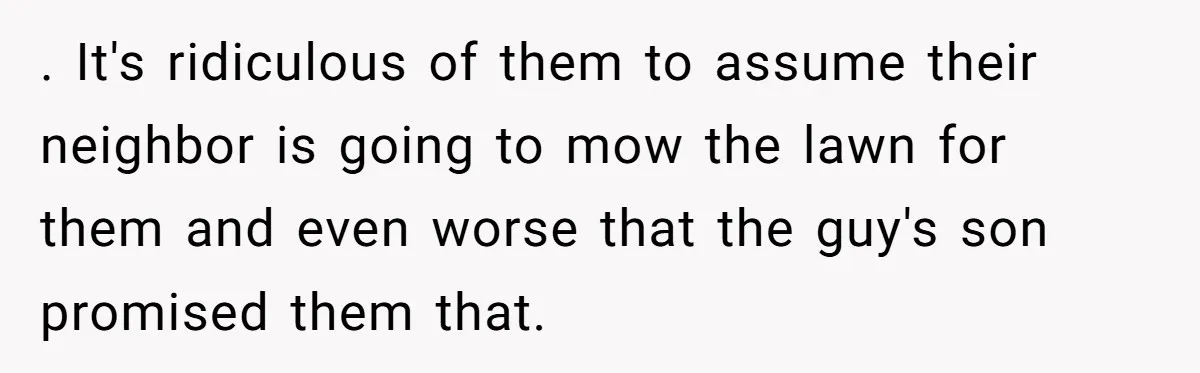 . It's ridiculous of them to assume their neighbor is going to mow the lawn for them and even worse that the guy's son promised them that.